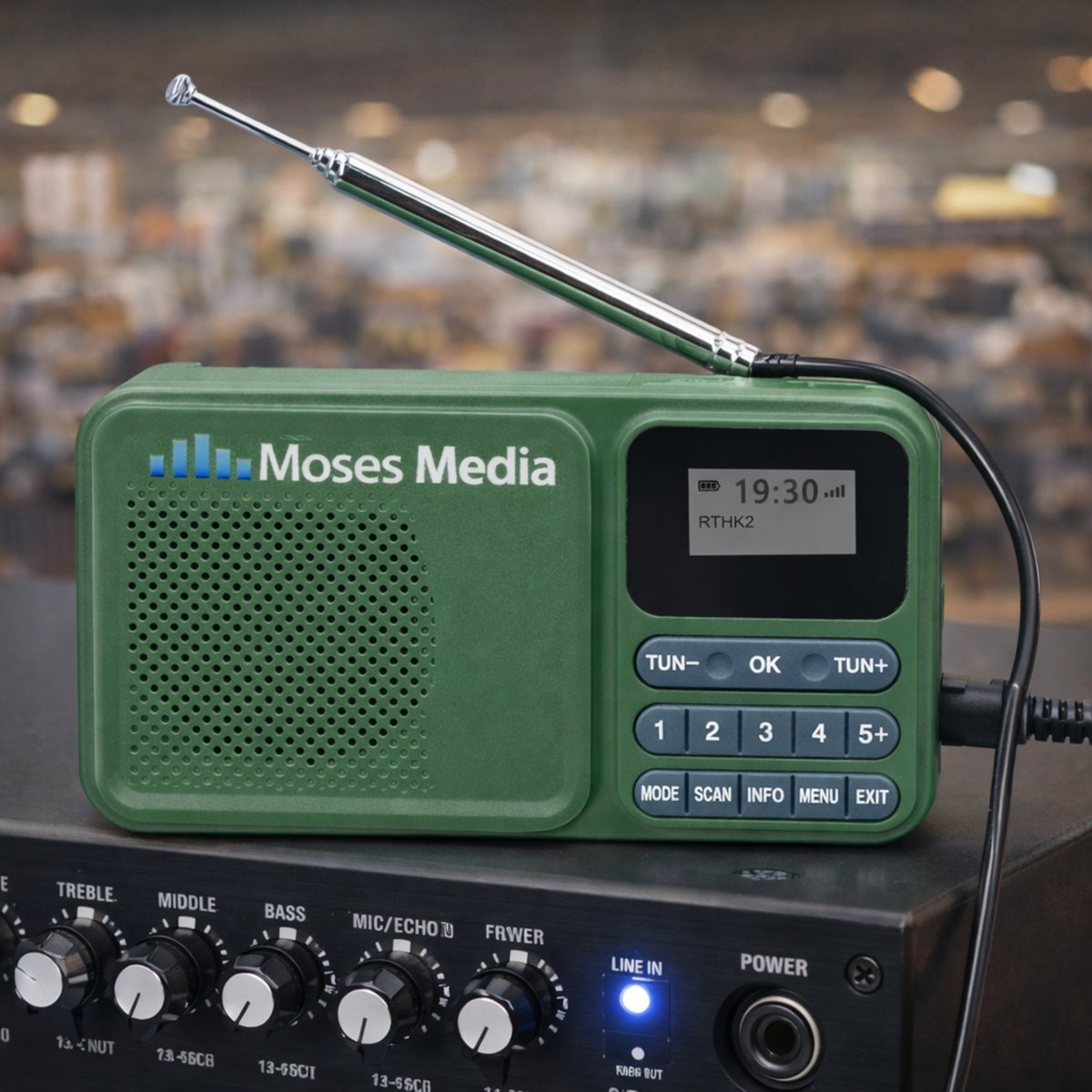 Moses Media player connected to an in‑store amplifier